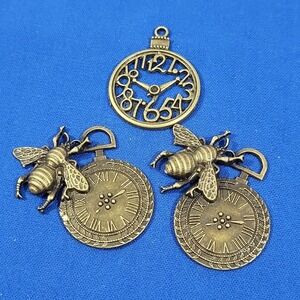 Pocket Watch Bumble Bee Clock Face Charms Brass Lot Of 3 Jewelry Crafting